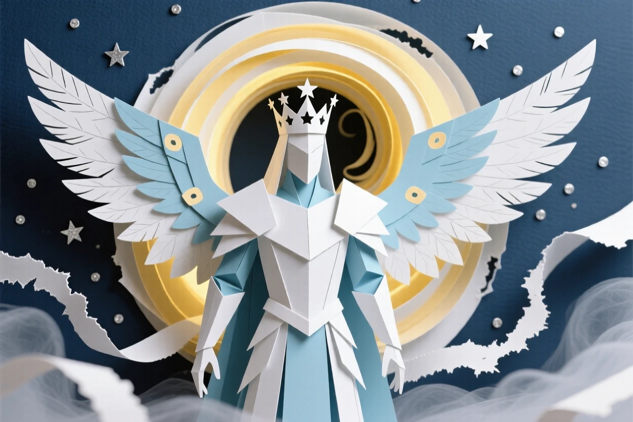 A celestial guardian emerging from a swirling portal of light, with swirling mist wrapping around the scene, evoking a sense of legend and myth.