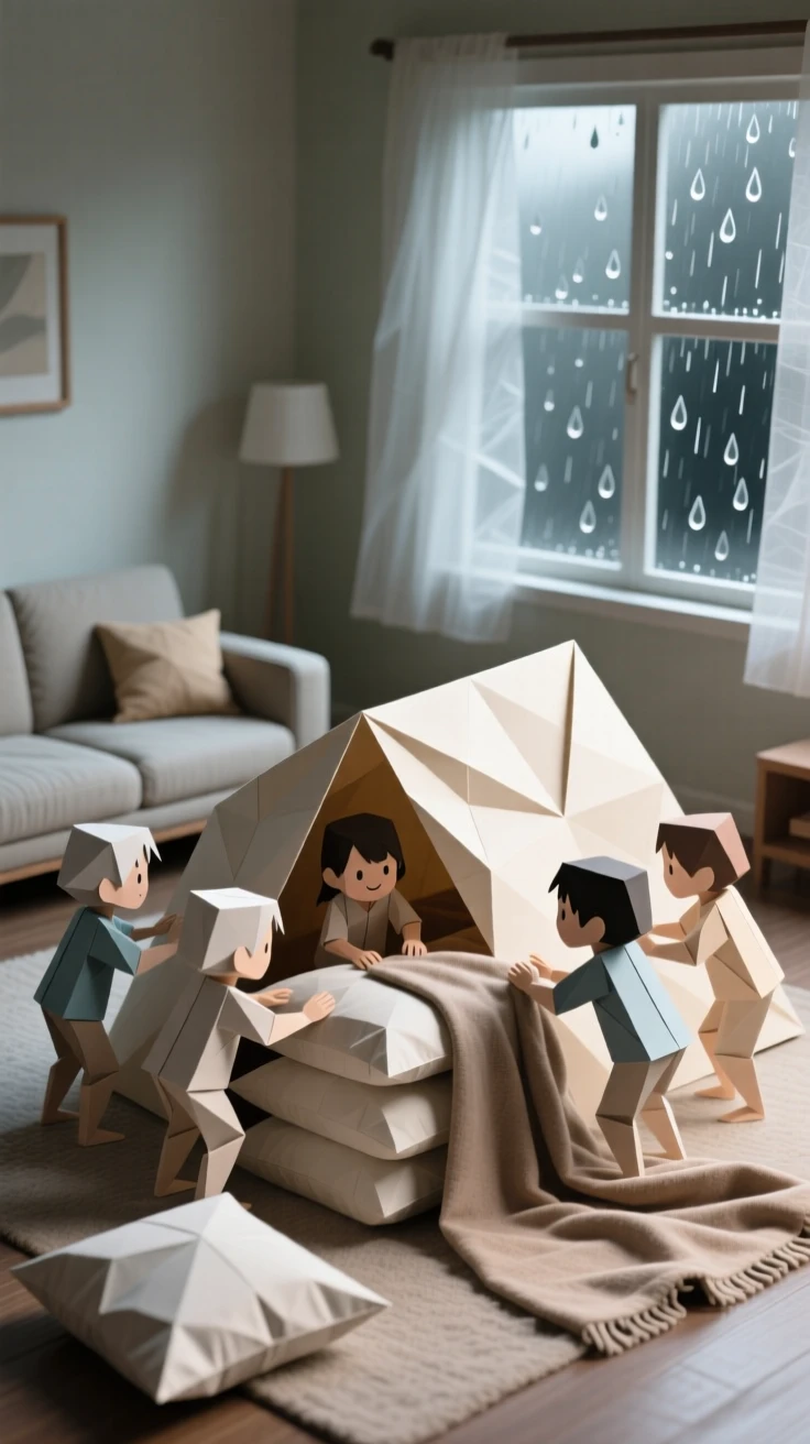 A group of children building a pillow fort in the living room on a rainy day.