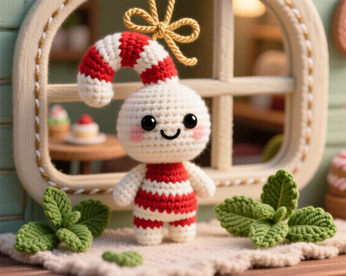 A delightful still-life of a cheerful candy cane character with a crisp red-and-white swirl, hanging from a small ribbon within a cheerful cafe window display; a scattering of fresh mint leaves nearby, full of a cozy sense of shared treats.