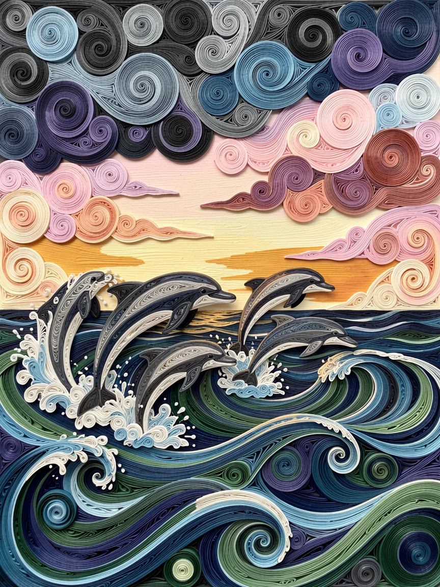 A striking wildlife scene of a group of dolphins leaping through ocean waves beneath a wide open sky at dawn, in the dramatic contrast of a stormy sky, captured in a quiet, still, contemplative moment.