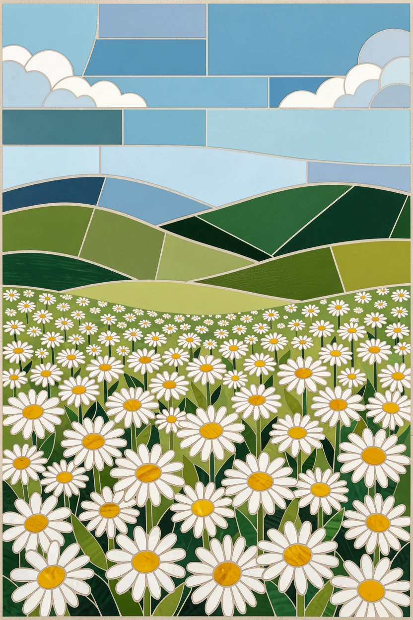 A field of daisies stretching toward distant rolling hills.