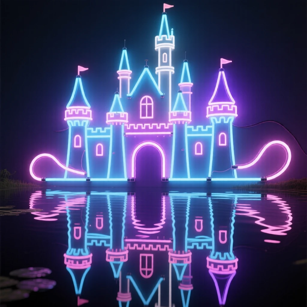 A fairytale castle reflected perfectly in a still lake.