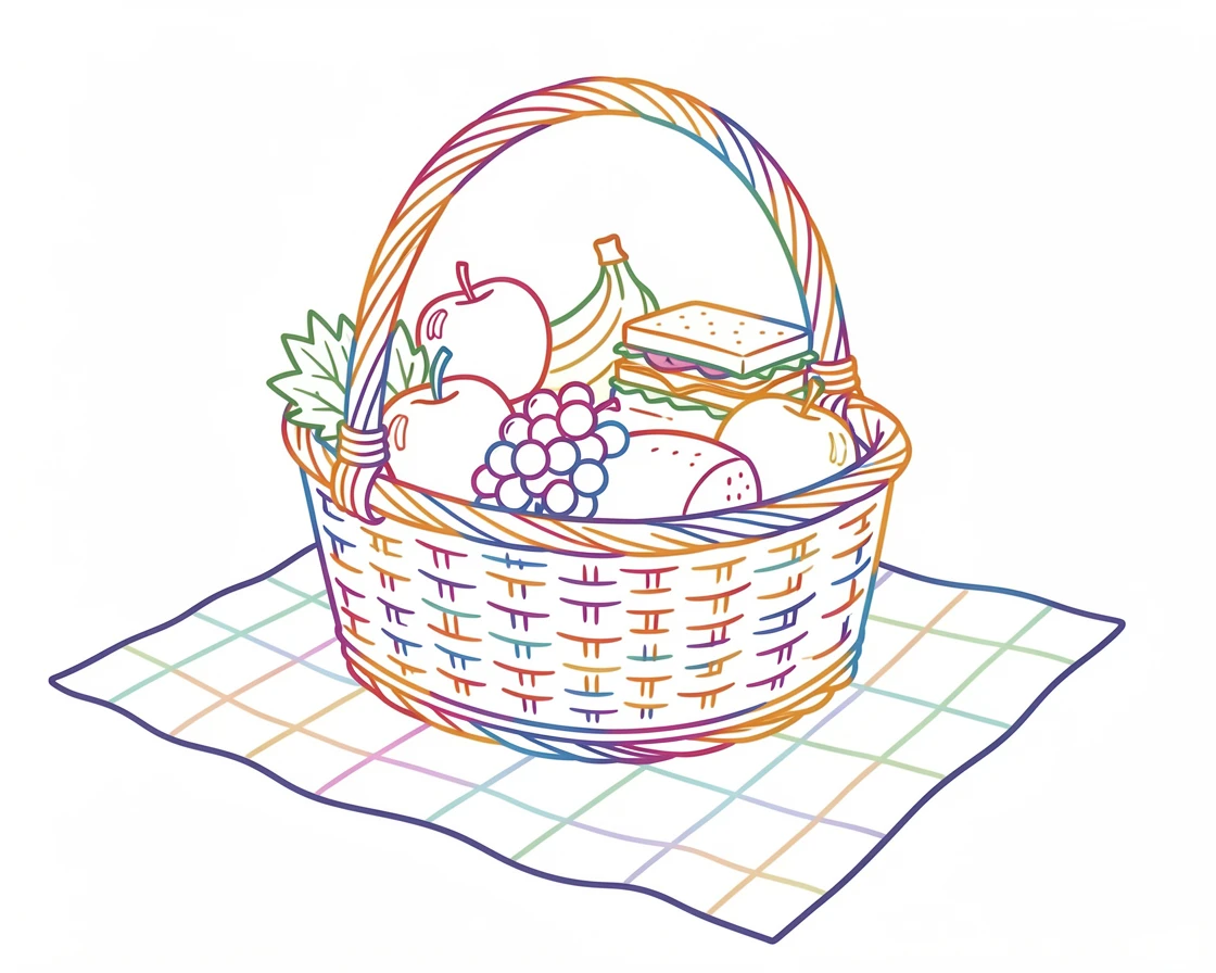 A picnic basket packed with fruit and sandwiches resting on a checkered blanket.