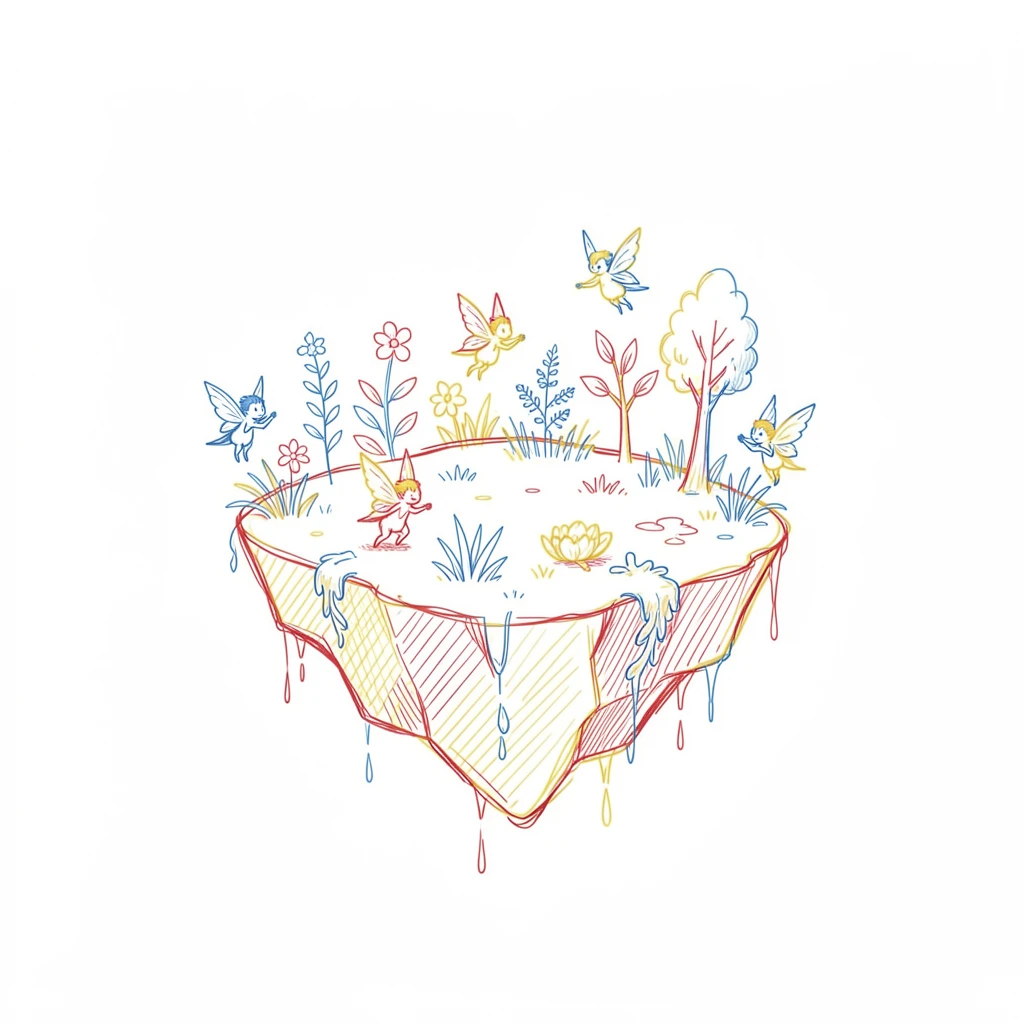 A floating island garden tended by tiny winged sprites