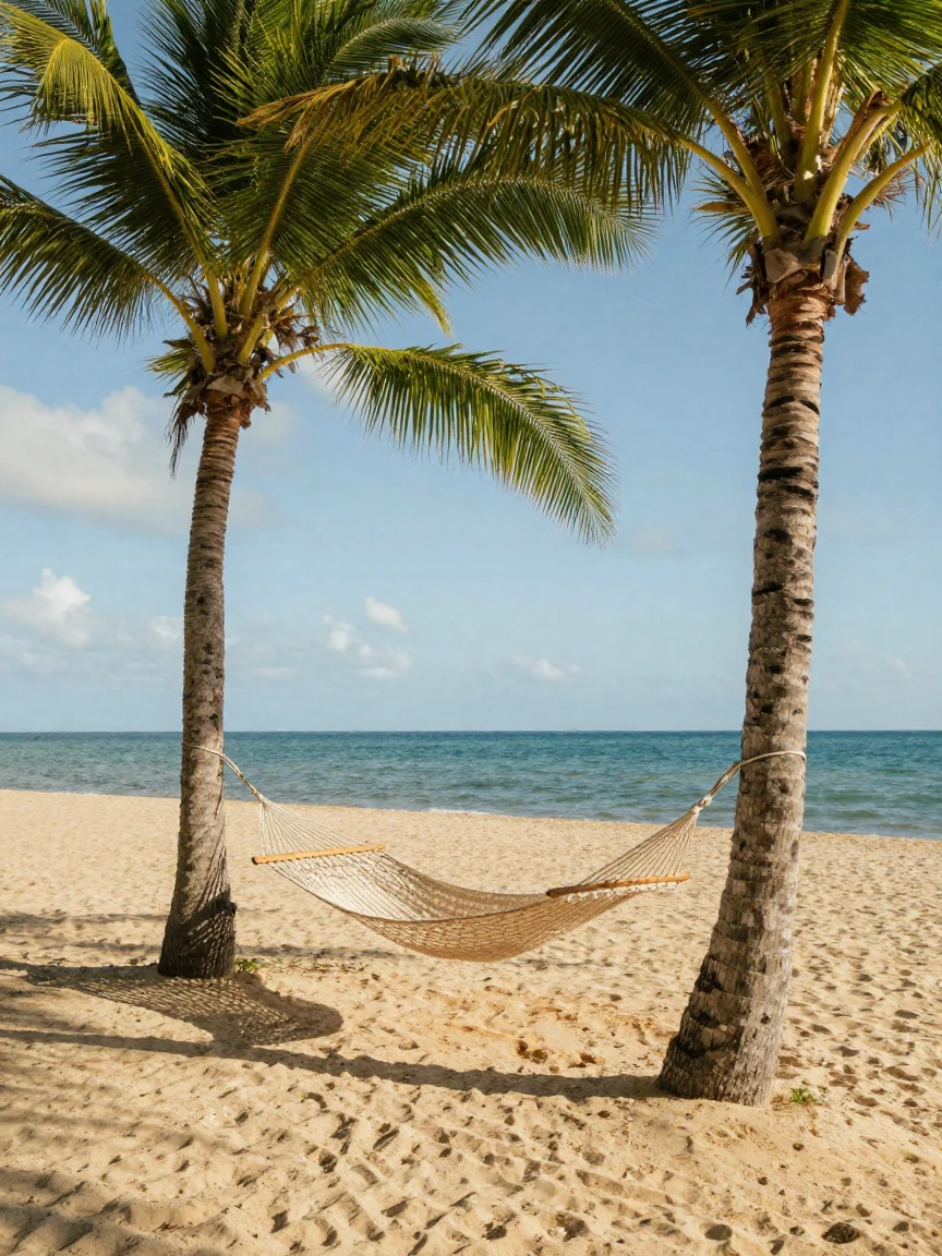 A hammock strung between two palm trees on a quiet beach