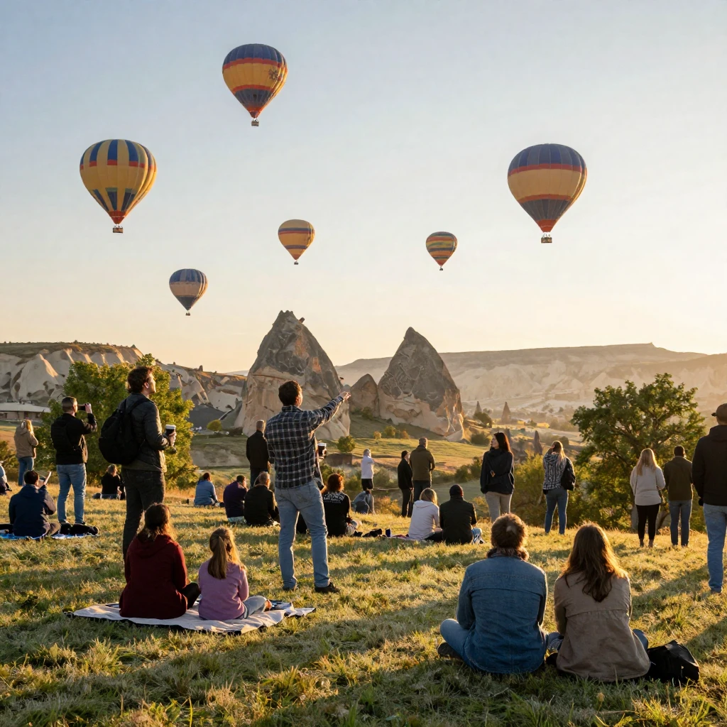 A crowd gathers at dawn to watch hot air balloons launch over a valley dotted with ancient chimney rock formations.