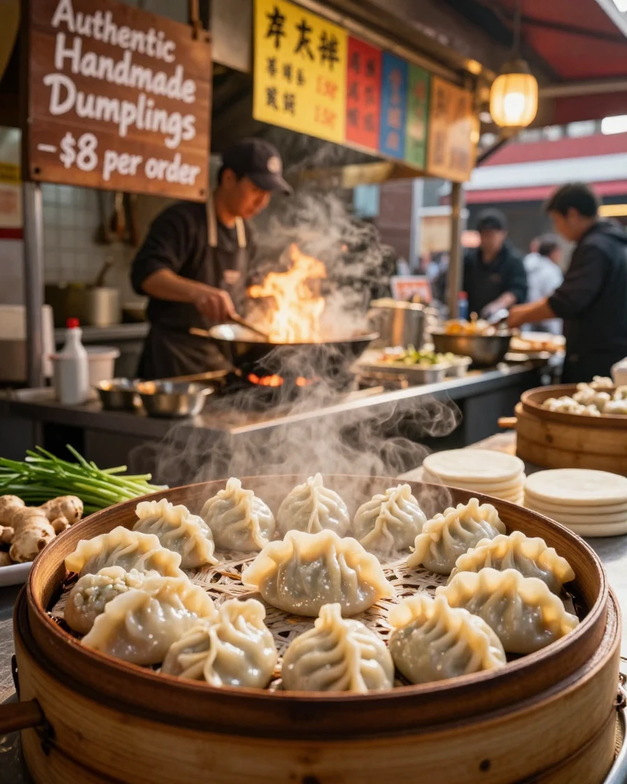 A tray of handmade dumplings steaming in the kitchen at a lively street food stall