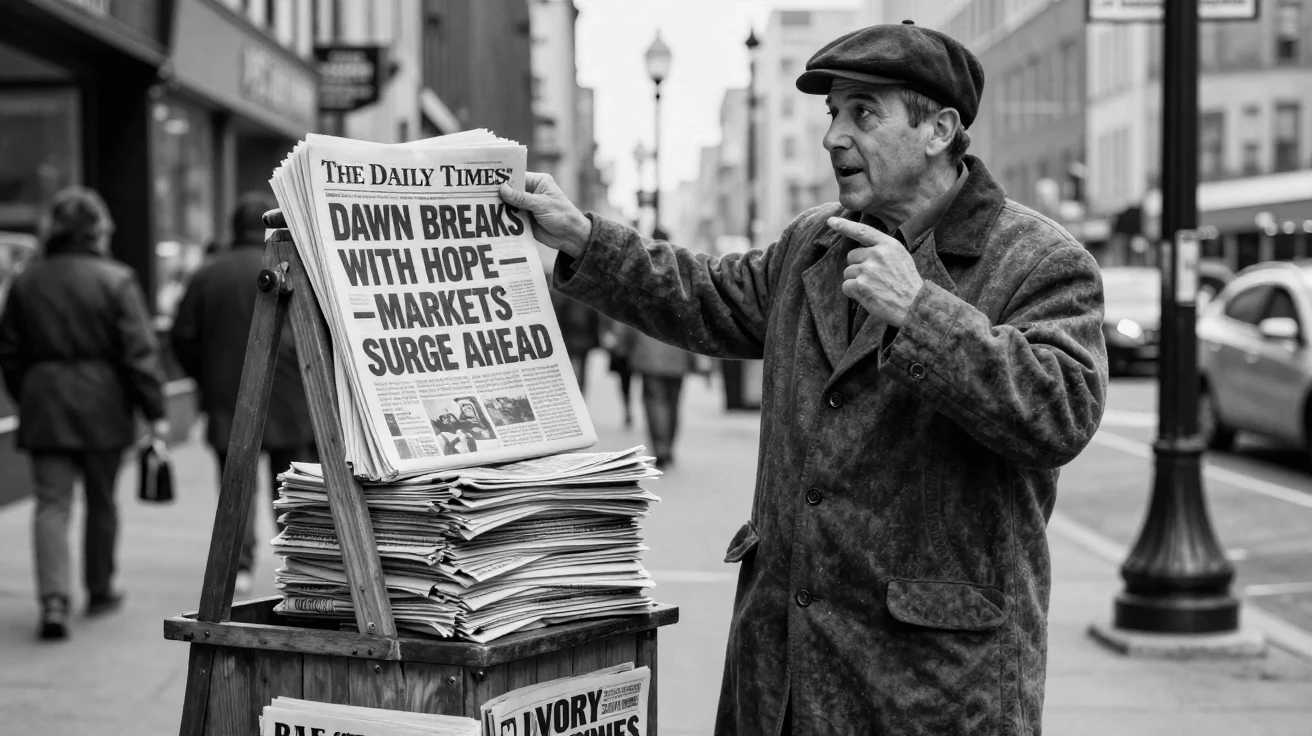 A newspaper vendor calls out the morning headlines beside a stack of fresh papers.