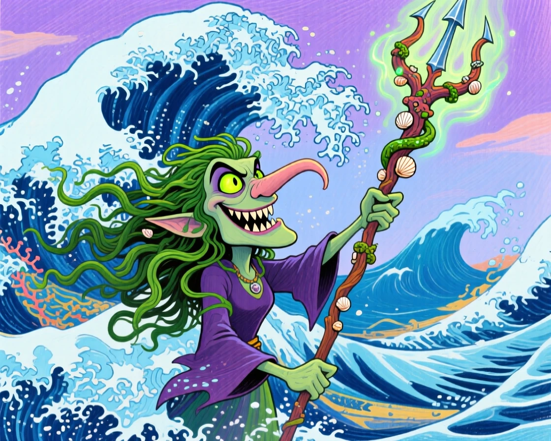 A sea witch summoning a massive wave with a raised trident.