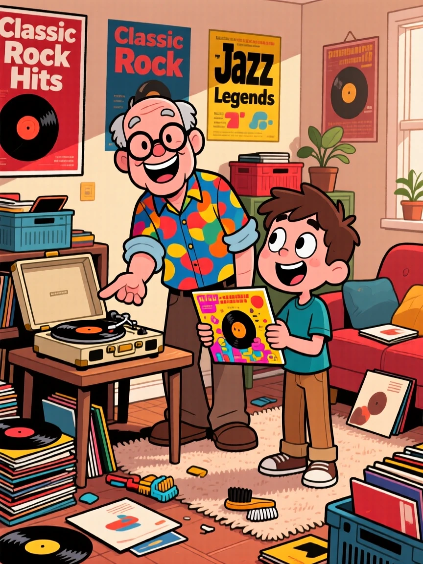 An everyday-life snapshot of a devoted vinyl record collector, sharing their passion with an eager beginner, surrounded by a delightful mess of supplies.