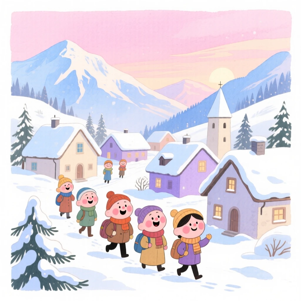 A dreamy travel postcard scene of a mountain village in the Swiss Alps blanketed in snow at soft pink dawn