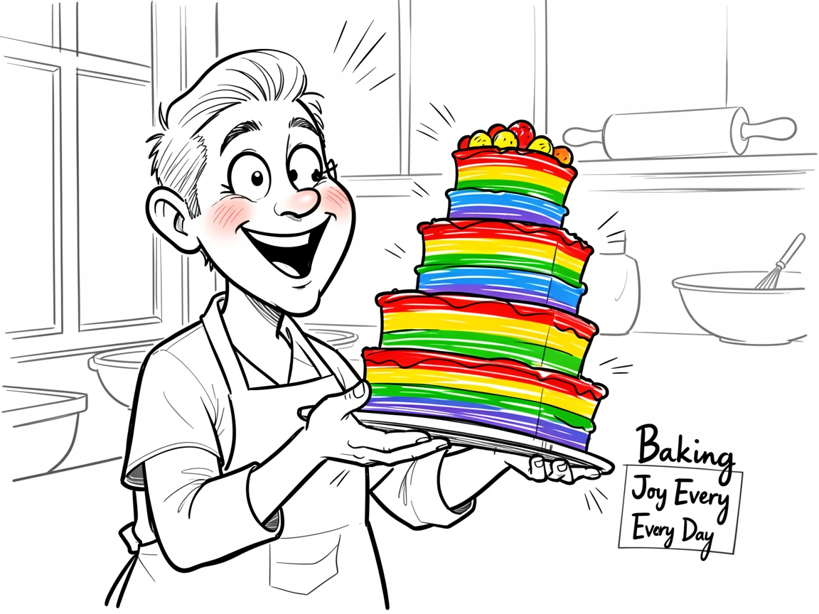 [Trending & Universal Topics] Modern lifestyle scene of a home baker proudly showing off a towering rainbow layer cake, capturing everyday joy