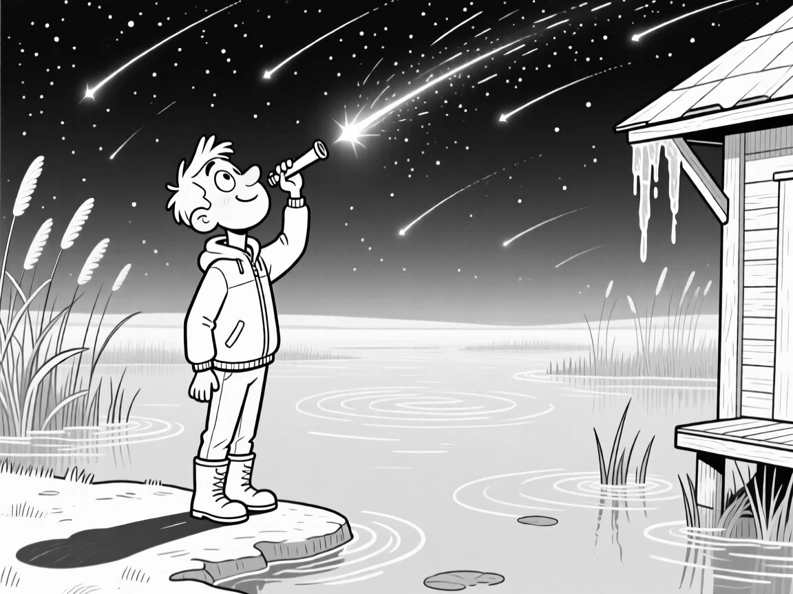 A stargazer craning his neck at a spectacular meteor shower, casting a long, dramatic shadow across the water, set at the edge of a marshy wetland. Icicles hang from the eaves nearby. The scene celebrates nature's simple, joyful surprises.