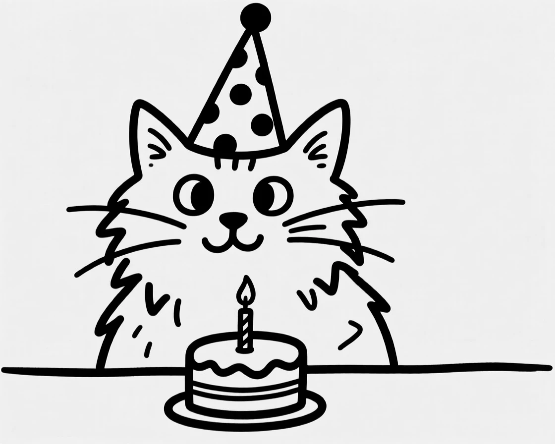 A maine coon cat wearing a party hat at its own birthday party with a tiny cake.