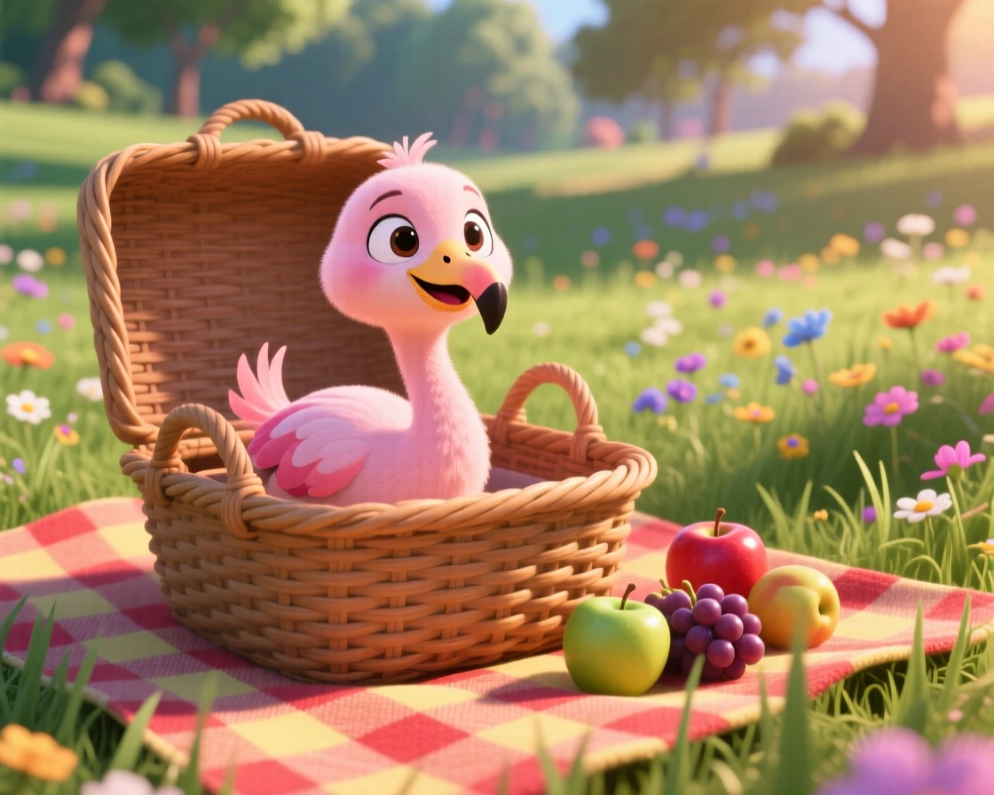 A baby flamingo is peeking out of a picnic basket, wagging its tail happily. The scene feels warm and heartwarming, with a faint smile-like expression.