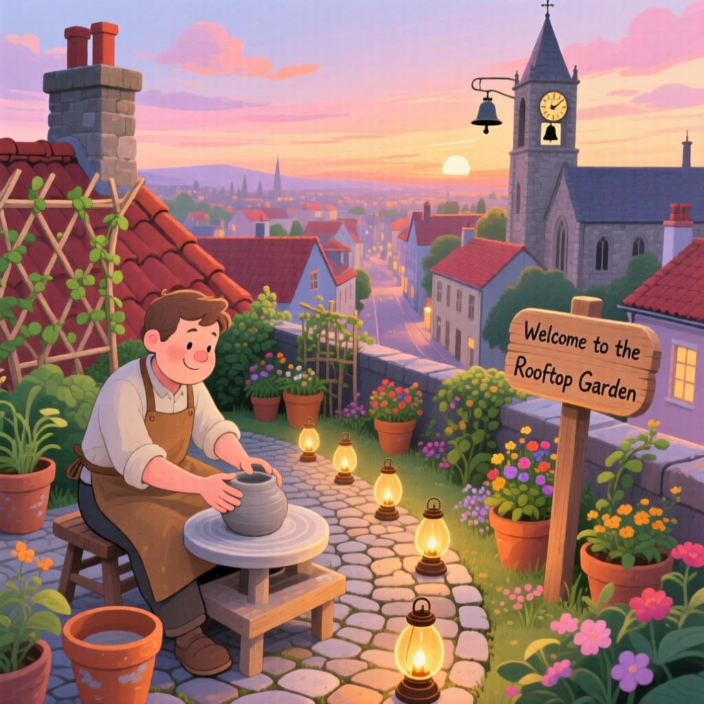 A potter shaping clay on a wheel pauses while lighting the lamps along a cobblestone street in a rooftop garden overlooking the town, as the church bell rings in the distance.