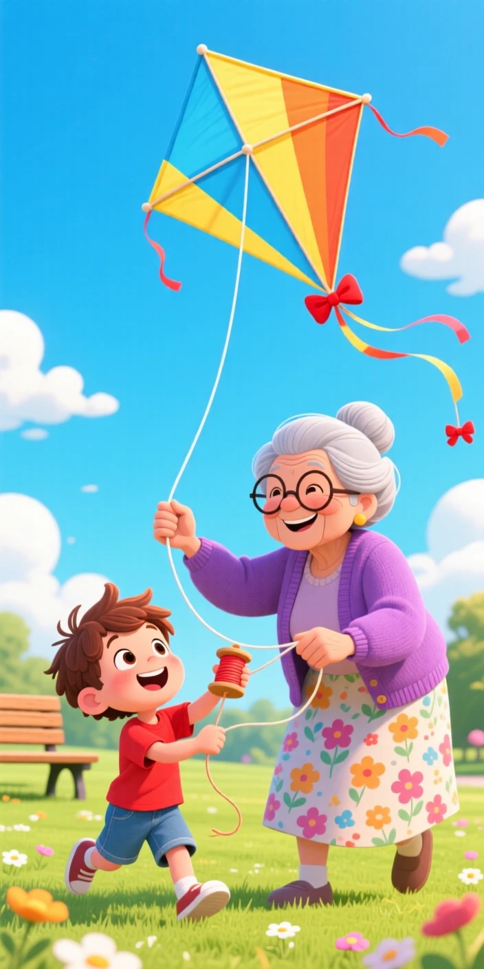 A grandmother teaching her grandson to fly a kite for the first time.