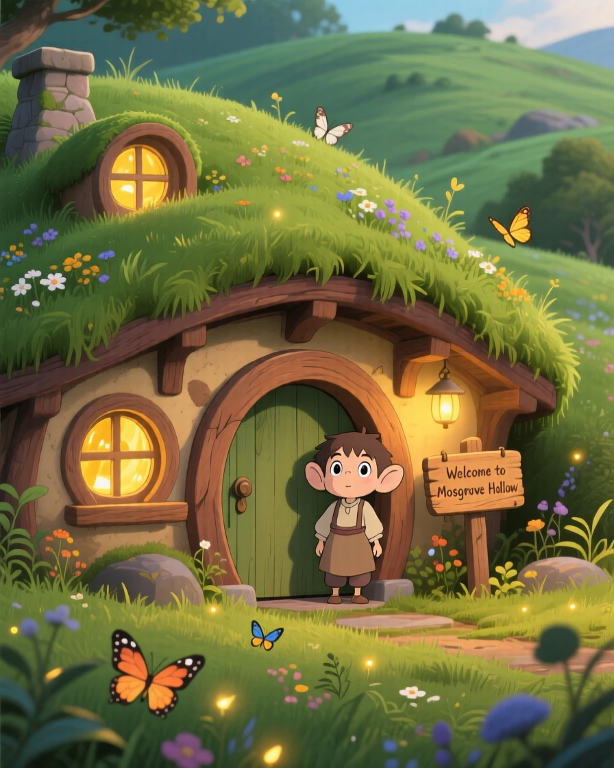 A charming view of a hobbit-like earthen home built into a grassy hillside, with warm light glowing from every window.