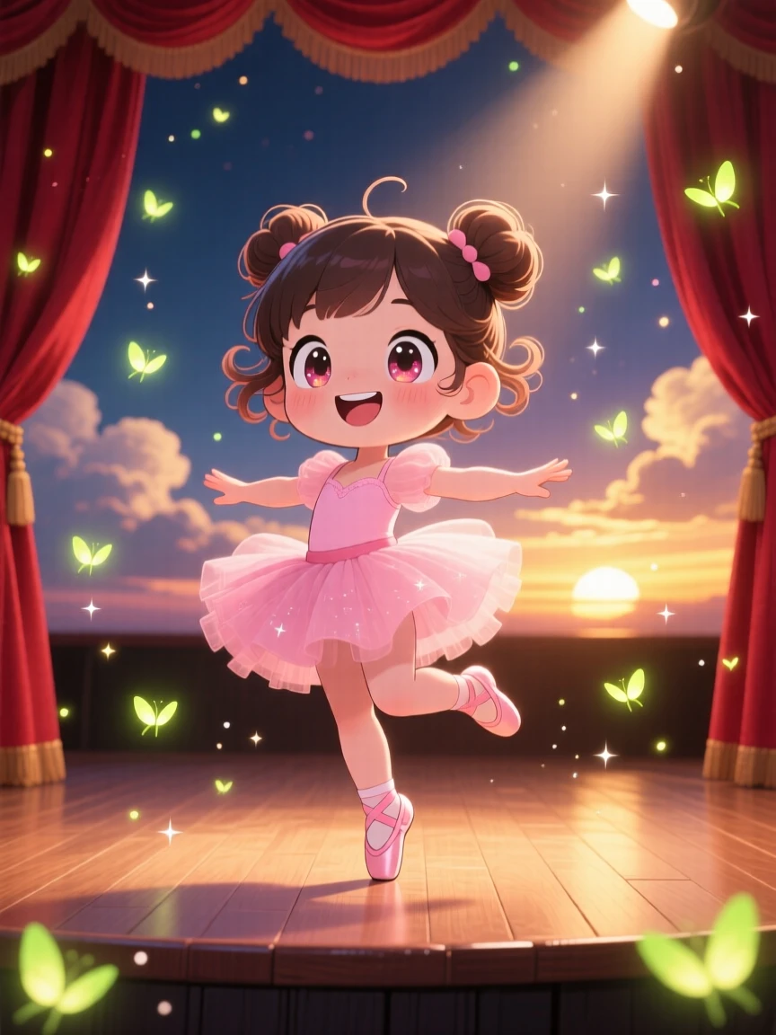 In a spotlighted theater stage, a small girl in a tutu is twirling gracefully on a stage as fireflies begin to glow at dusk, bathed in rays of sunrise breaking through clouds, expression full of triumphant pride. Shot as a full-body shot.