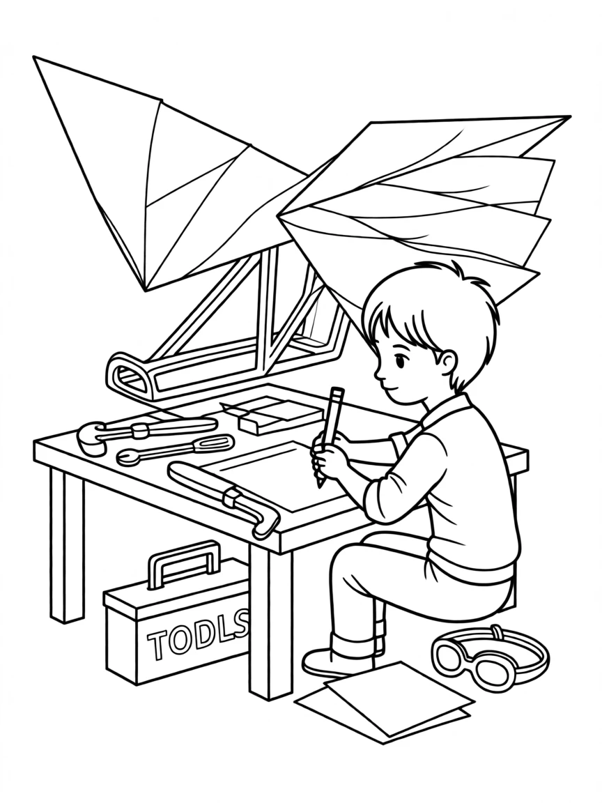 An inventor designing a flying machine with paper wings