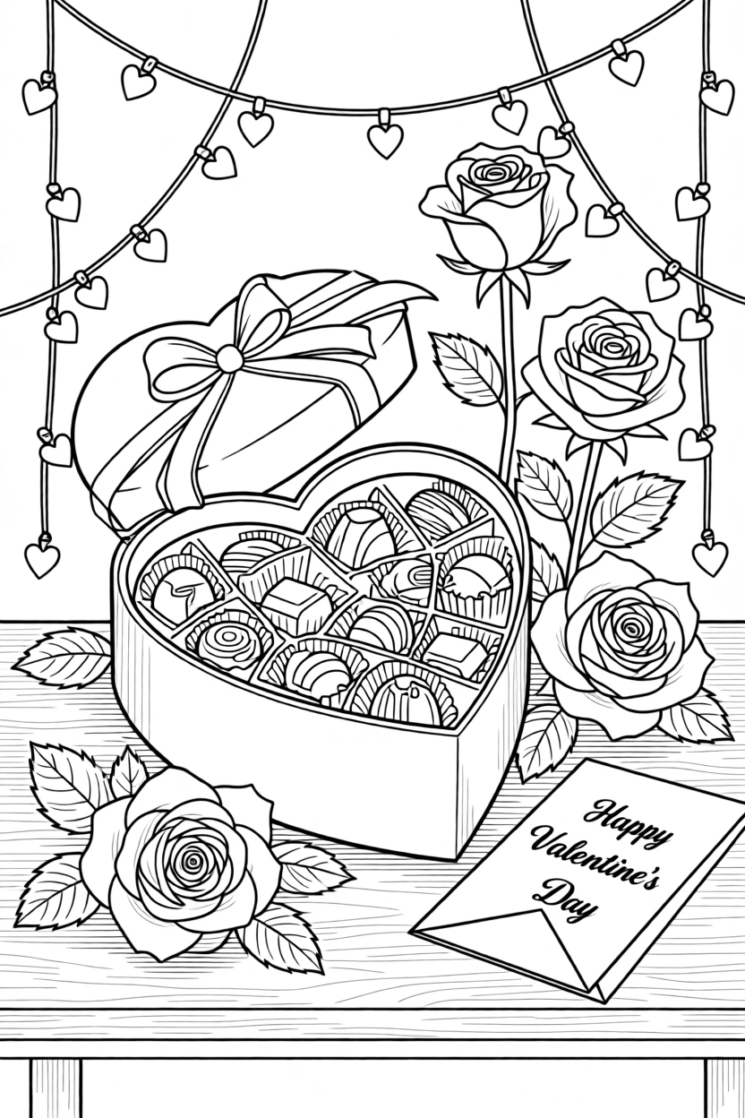 A heart-shaped box of chocolates surrounded by roses for Valentine's Day, with strings of lights framing the setting.