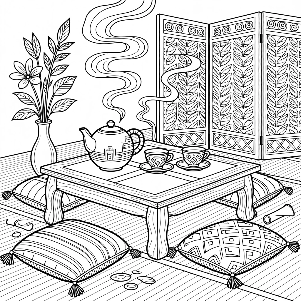 A cozy tea ceremony scene with a low table, cushions, and steam rising.