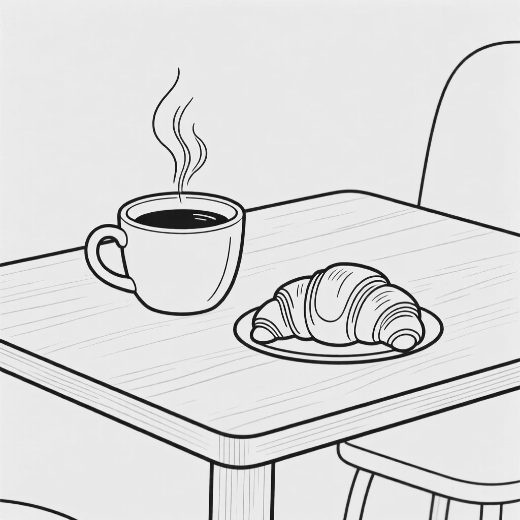 A steaming cup of coffee beside a croissant on a cafe table