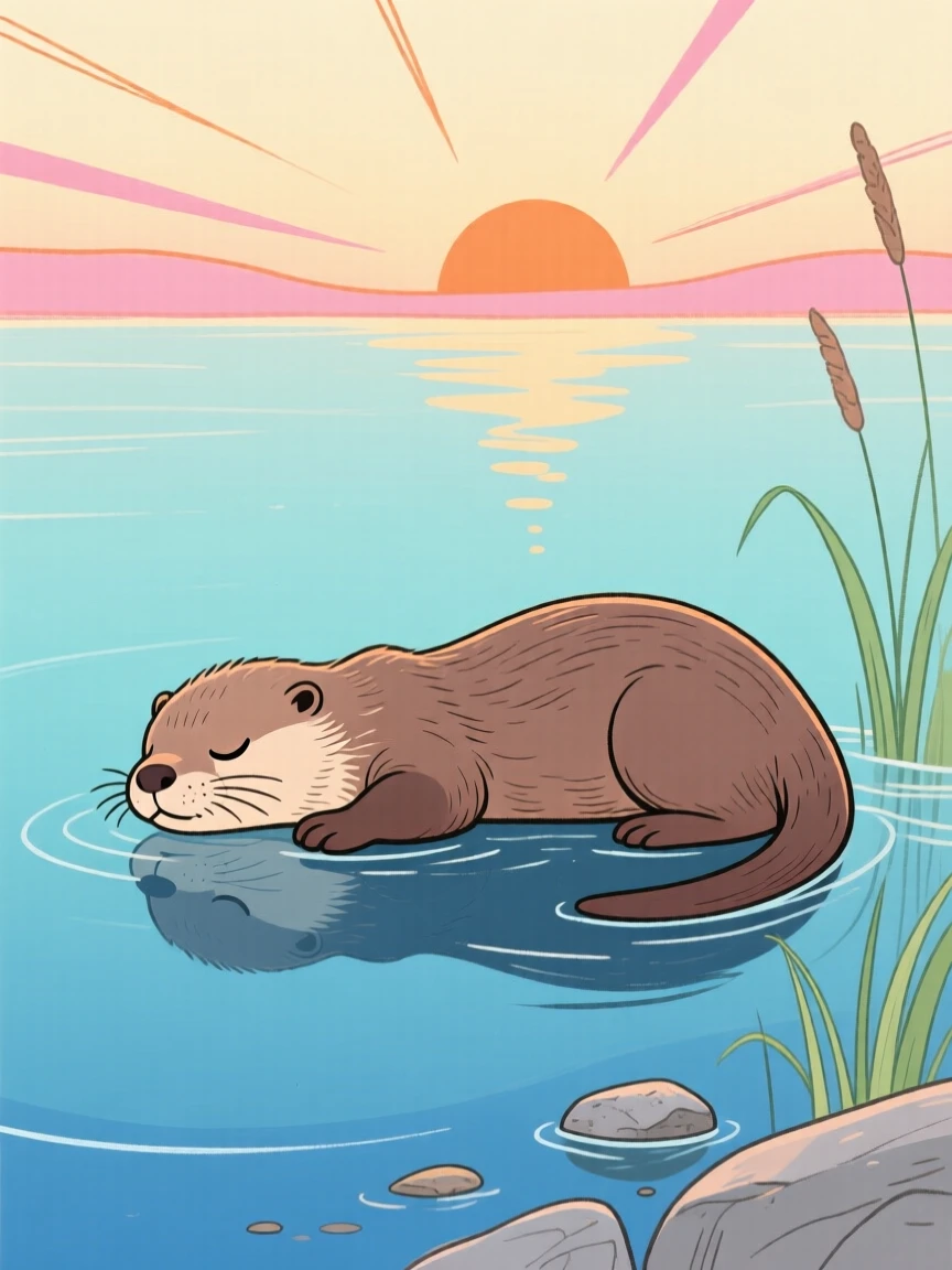 A baby otter resting beside a still lake at sunrise.