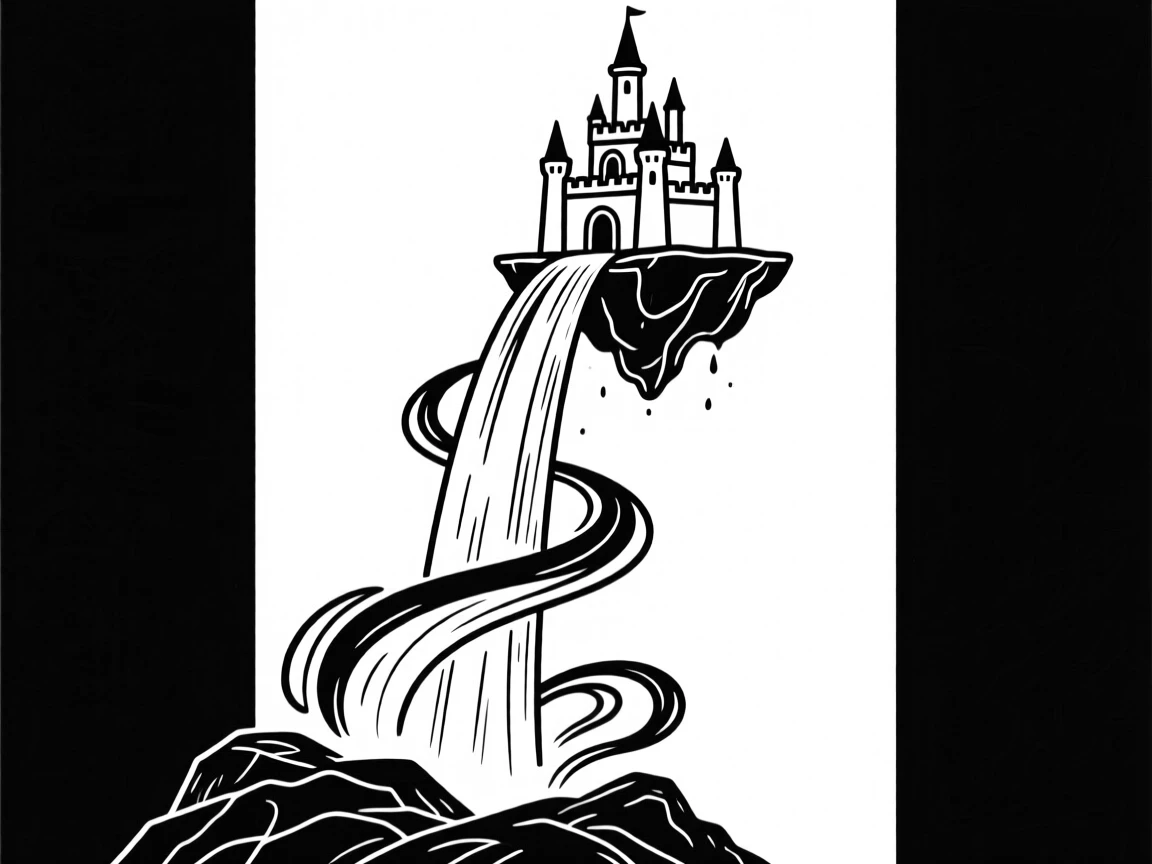 A magical waterfall flowing upward into a floating castle.