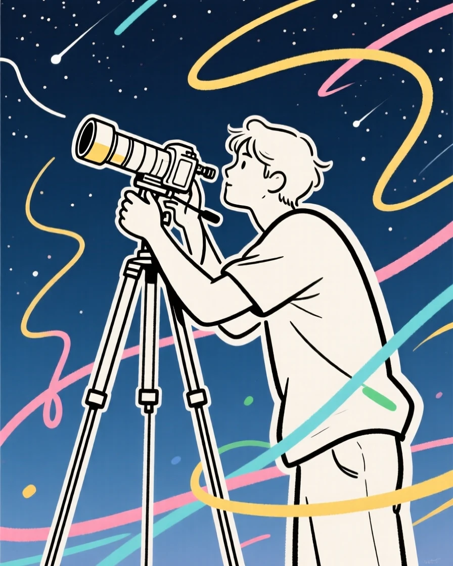 A stargazer setting up a camera to photograph the night sky.