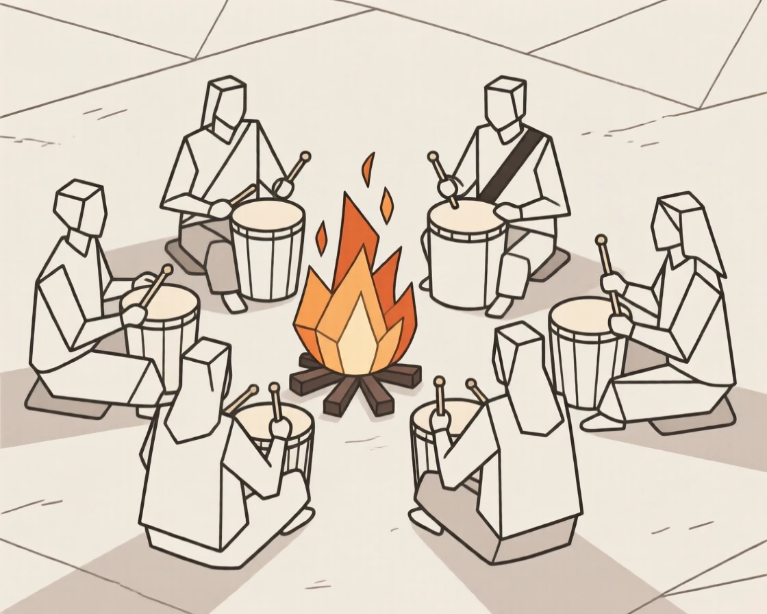 A traditional drum circle performing around a fire