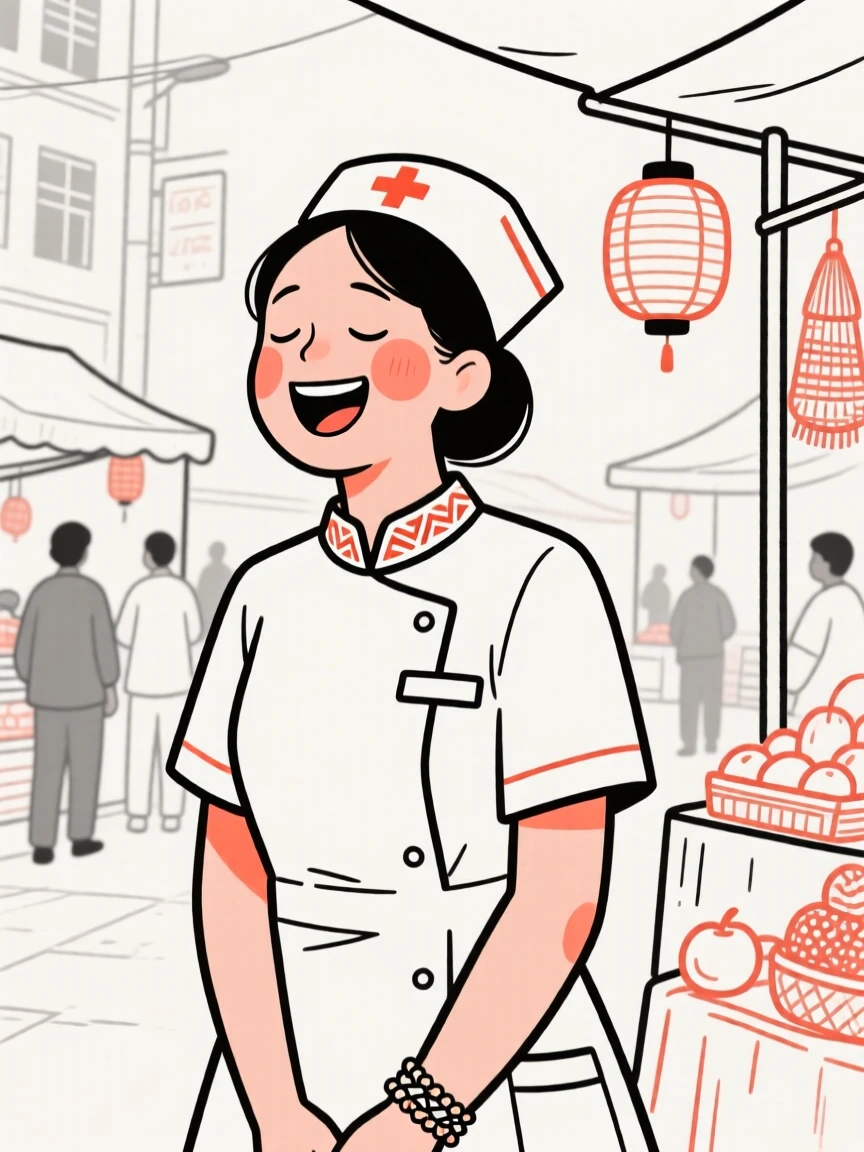 A nurse of peruvian heritage smiling at the end of a long day, laughing with eyes closed, in a bustling city market.