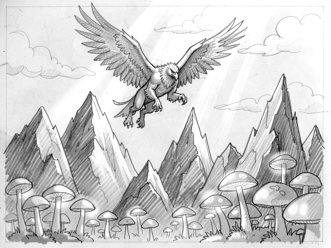 A magical, imaginative vision of a griffin soaring over jagged mountain peaks within a forest of glowing mushrooms, with shafts of light piercing through the clouds.