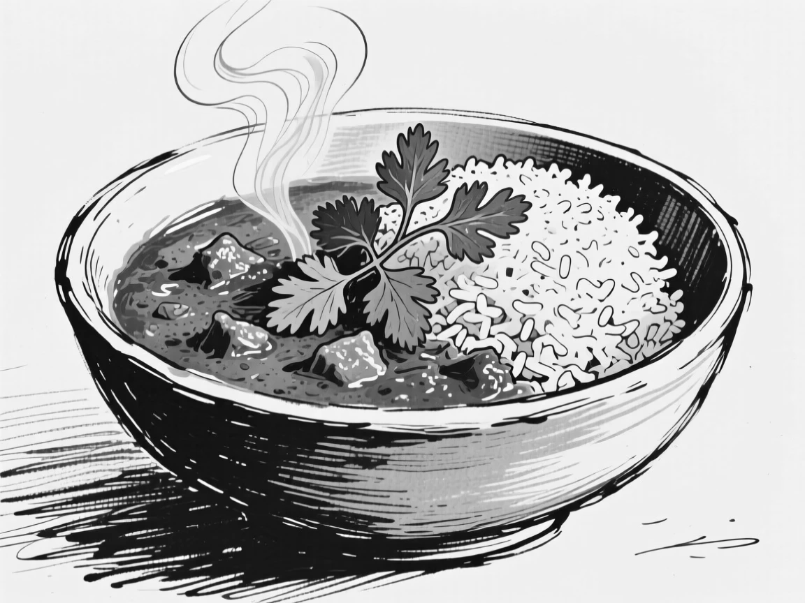 A steaming bowl of curry with fragrant rice and fresh cilantro.