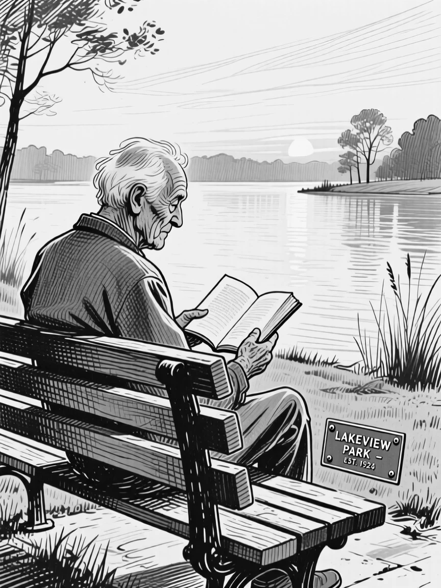 An elderly man reading on a park bench beside a tranquil lake at dawn, with a gentle breeze moving through their hair, creating a full of gentle warmth lifestyle scene.