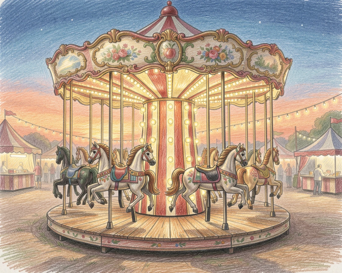 A vintage carousel glowing with lights at a summer fairground, with rich, inviting textures throughout the scene, designed to feel inviting, memorable, and shareable.