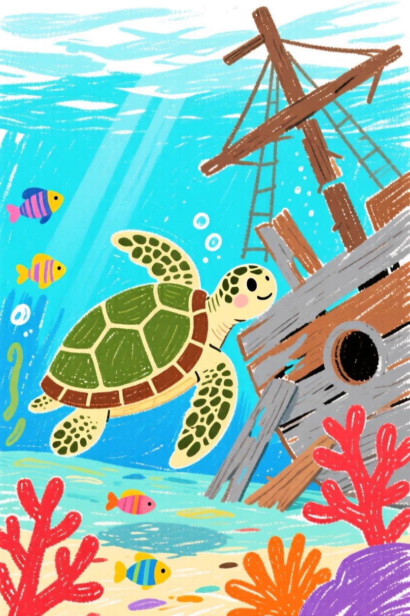 A curious sea turtle swimming near a sunken shipwreck.