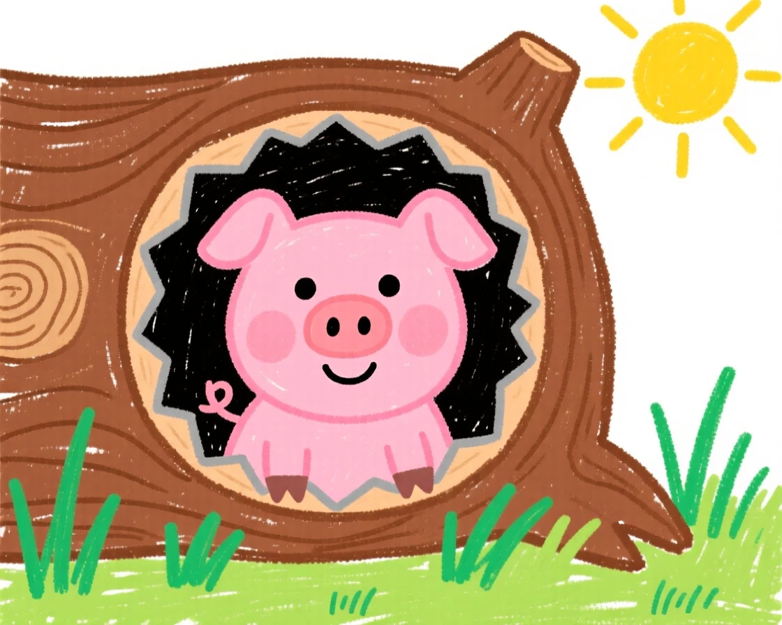 A piglet peeking out from a hollow log.