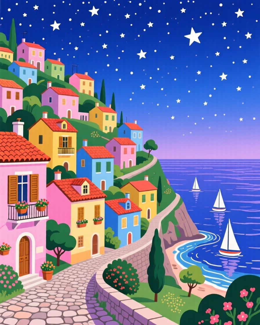 A colorful hillside town with houses stacked toward the sea, under a starlit evening sky, framed with a sweeping wide-angle perspective, with a nostalgic, postcard-like charm.