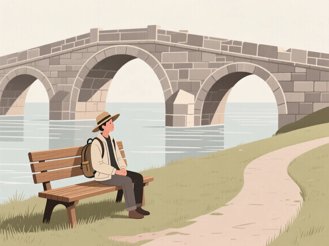 A traveler resting on a bench near an ancient stone bridge.