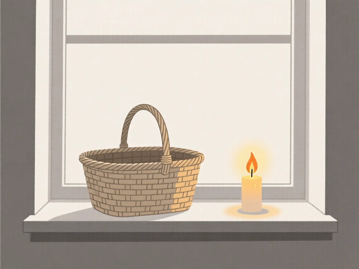 A woven picnic basket resting on a windowsill in soft light, surrounded by a burning candle, evoking quiet curiosity.