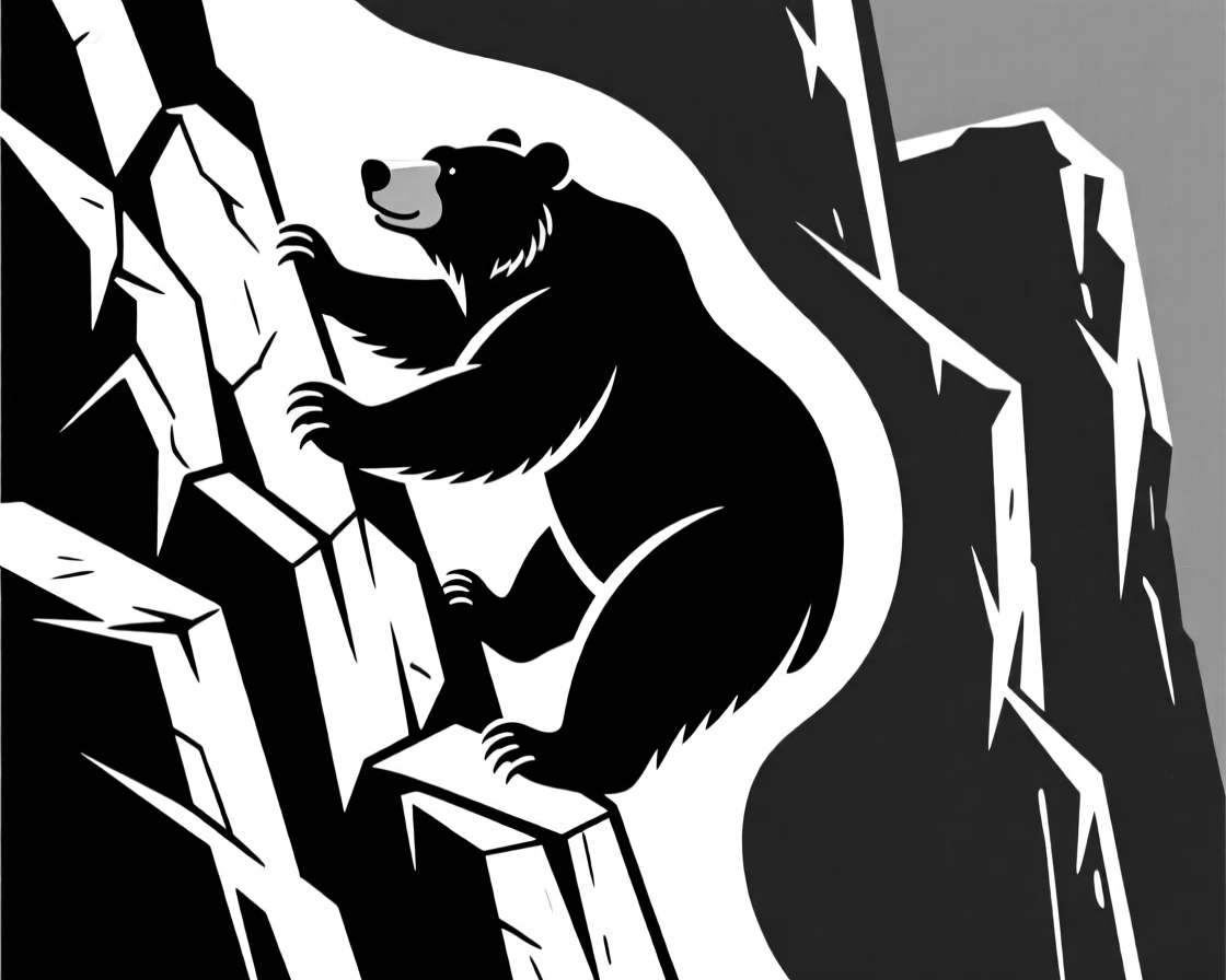 A grizzly bear climbing a rugged cliff face.