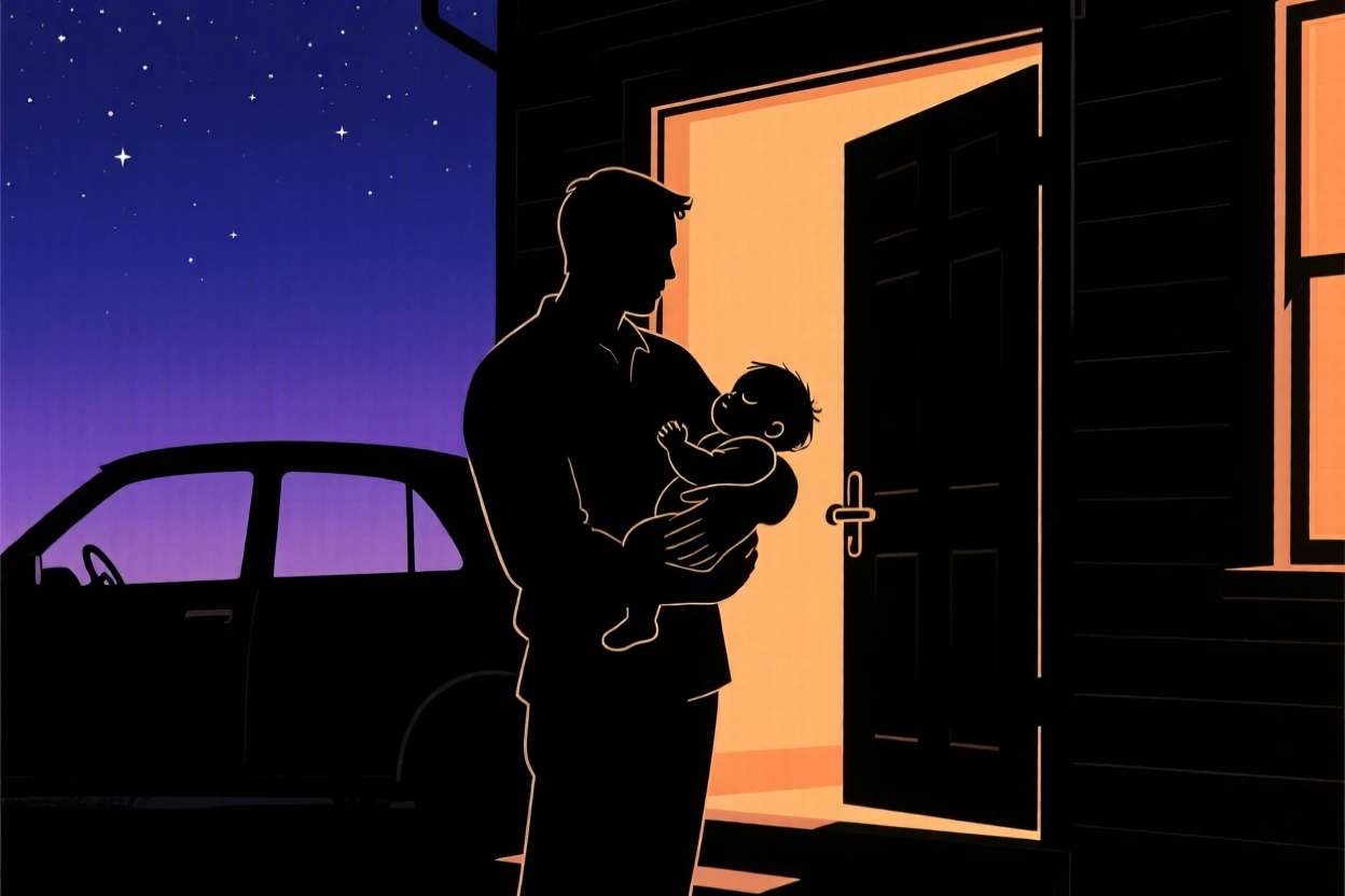 A father carrying his sleeping toddler from the car into the house at night.