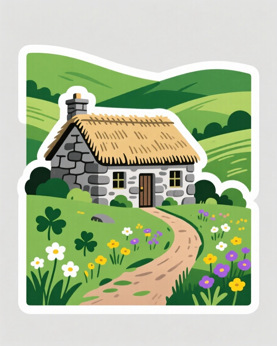 A postcard-perfect Irish green countryside with a stone cottage, surrounded by the sounds and colors of the region, during a memorable journey abroad.