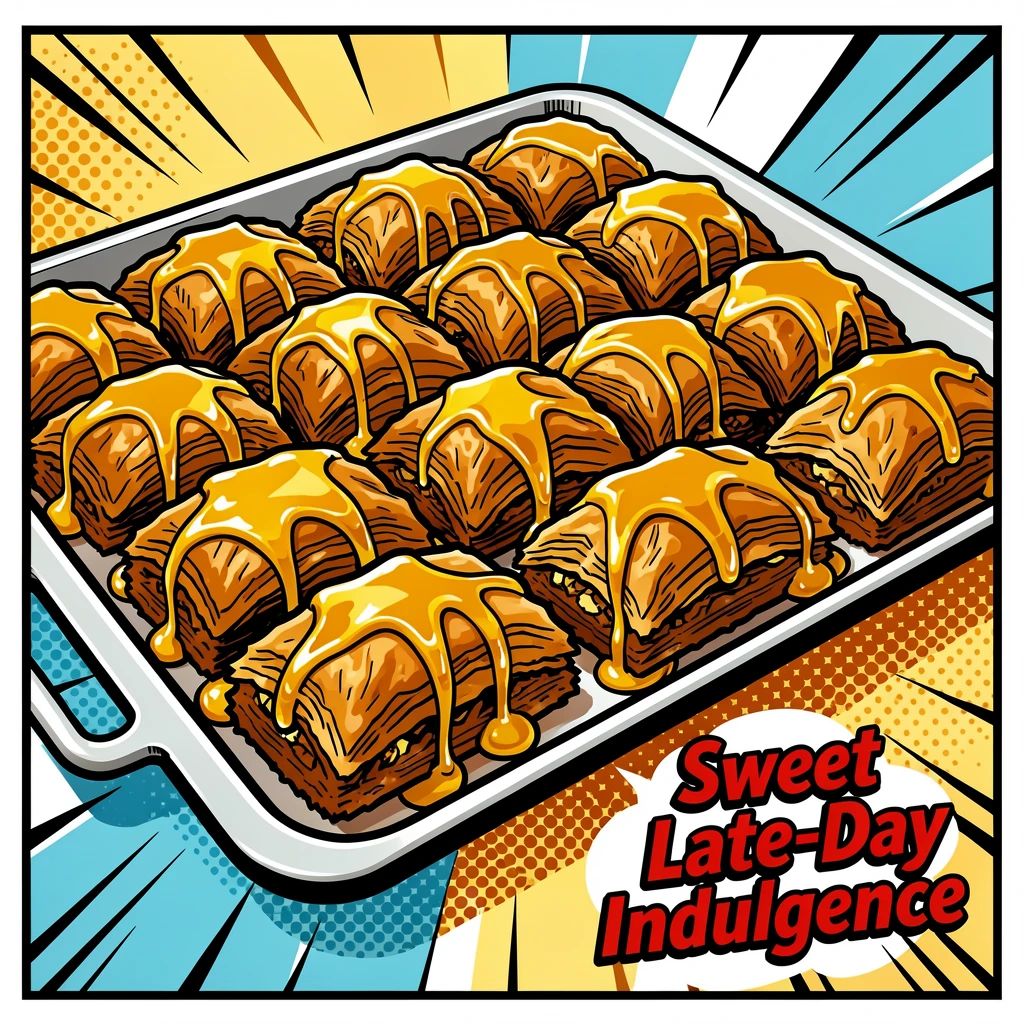 A tray of late-day baklava drizzled with honey