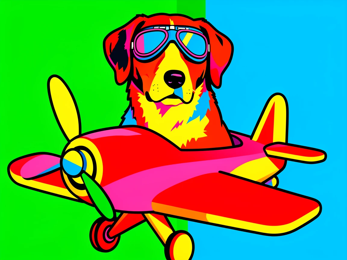 Dog wearing aviator goggles in a toy plane