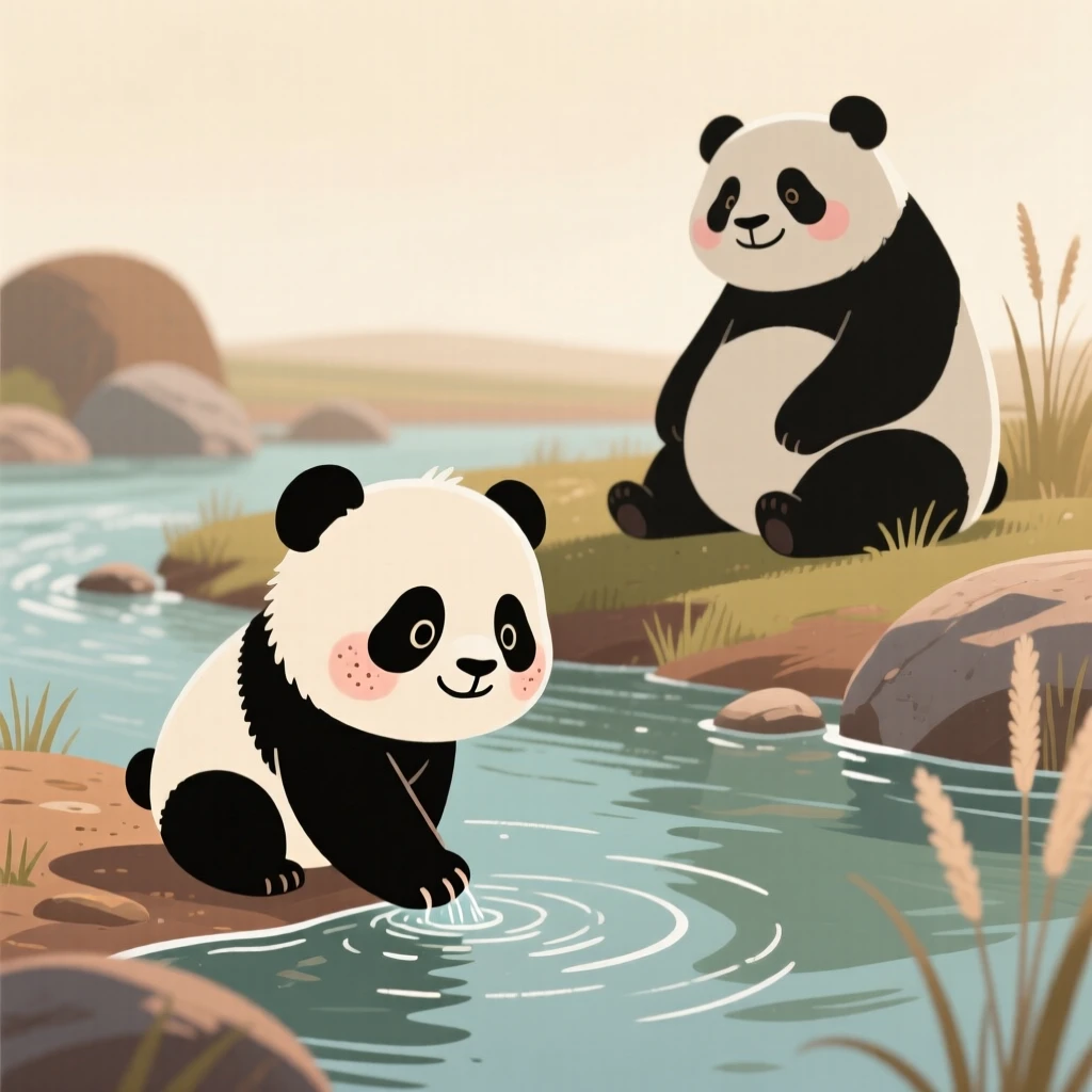 A young panda cub explores a riverbank for the first time, testing the water with one paw while a nearby mother watches with gentle patience.
