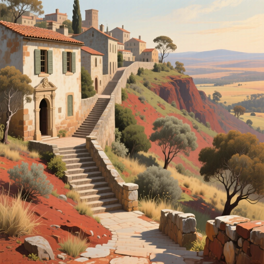 An expansive vista of a winding staircase street climbing a hillside town, in the Renaissance period, in the Australian outback.