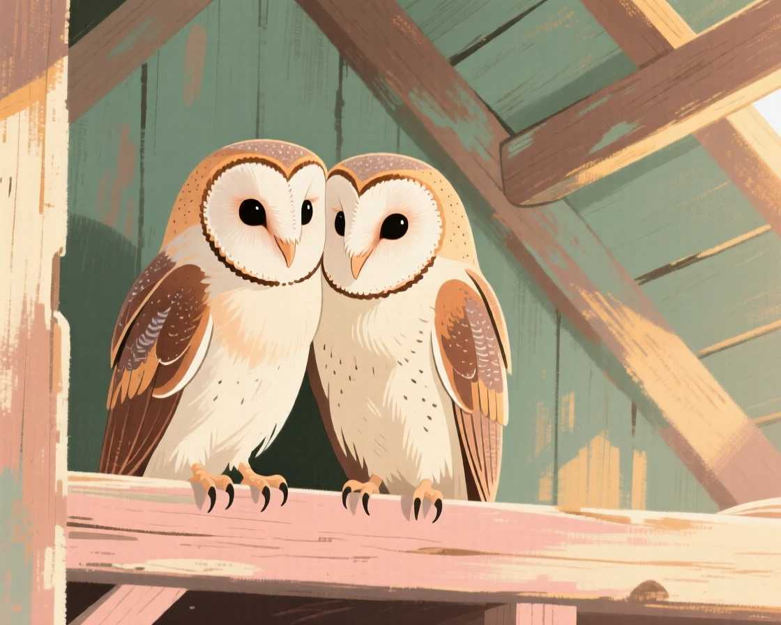 A pair of barn owls nesting in a rustic wooden loft
