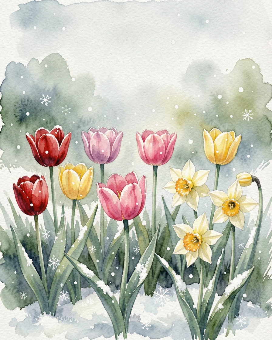 A spring garden bursting with blooming tulips and daffodils with soft snow gently falling.